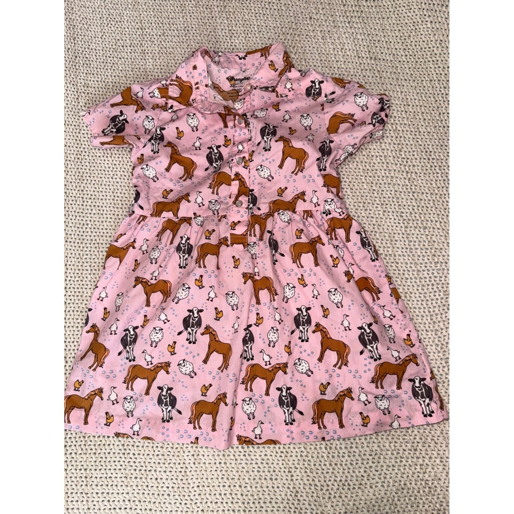 Wrangler Toddler Girls Pink Farm Animal Western Snap Dress Size 3T Horse Cow